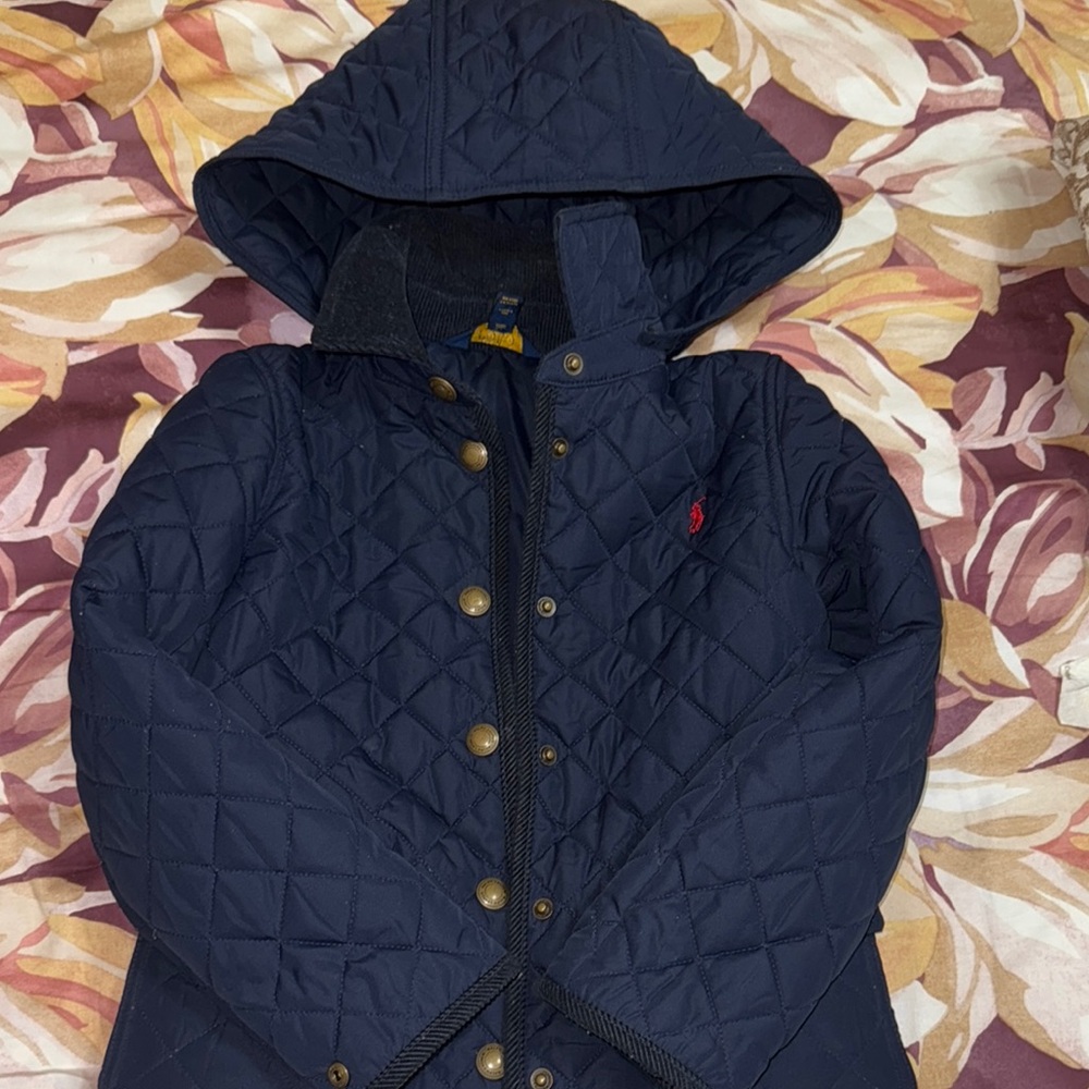 Navy Quilted Hooded Jacket with Red Logo